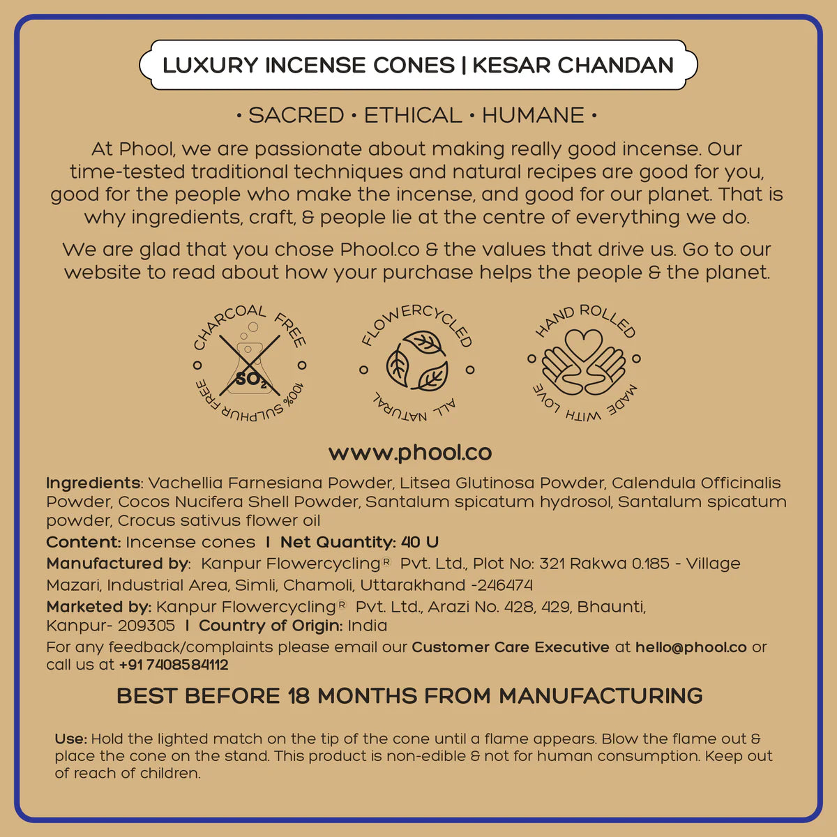 Phool BADRINATH KESAR CHANDAN Luxury Incense Cones (40 cones)