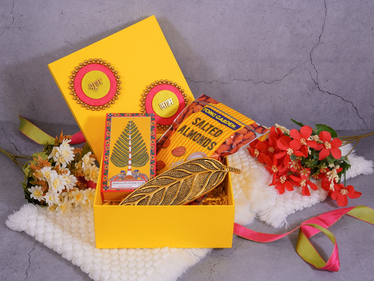 Gift Dial Yellow Hamper box with Dhoop sticks