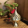 DhuniVeda Brass Dome-Shaped Incense Burner dhuni with Wooden Handle and Wooden Knob