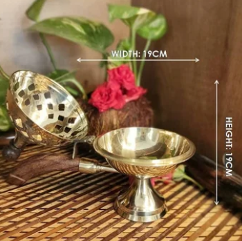 DhuniVeda Brass Dome-Shaped Incense Burner dhuni with Wooden Handle and Wooden Knob