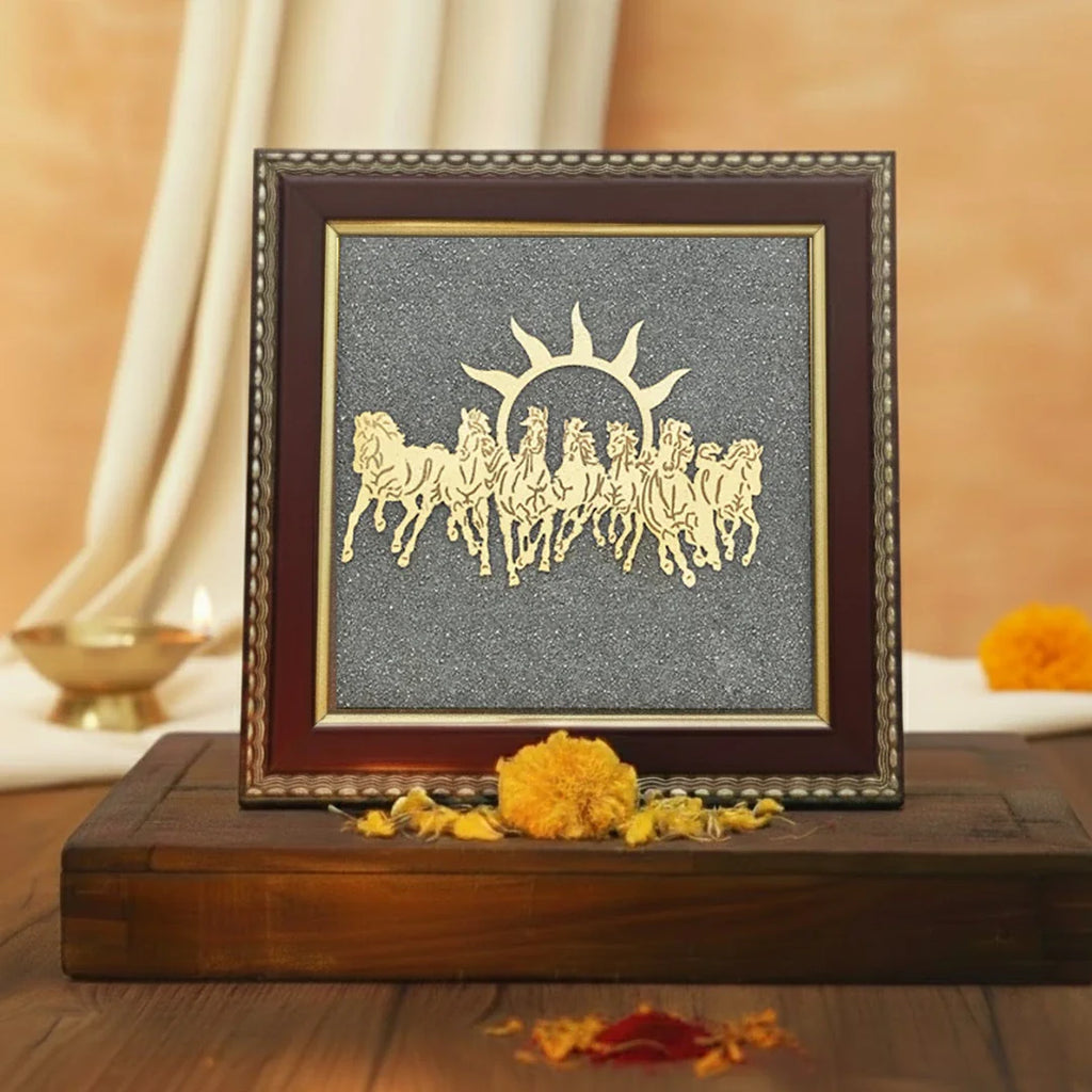 Astro Living 7 Horses Raw Pyrite Frame for Vastu & Prosperity