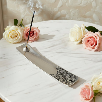Incense holder - steel rectangle with flowers