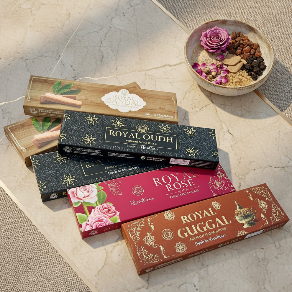 Combo of 6 Ravikara incense sticks Rose, Gugaal, sandal(2pc), Oudh(2pc)