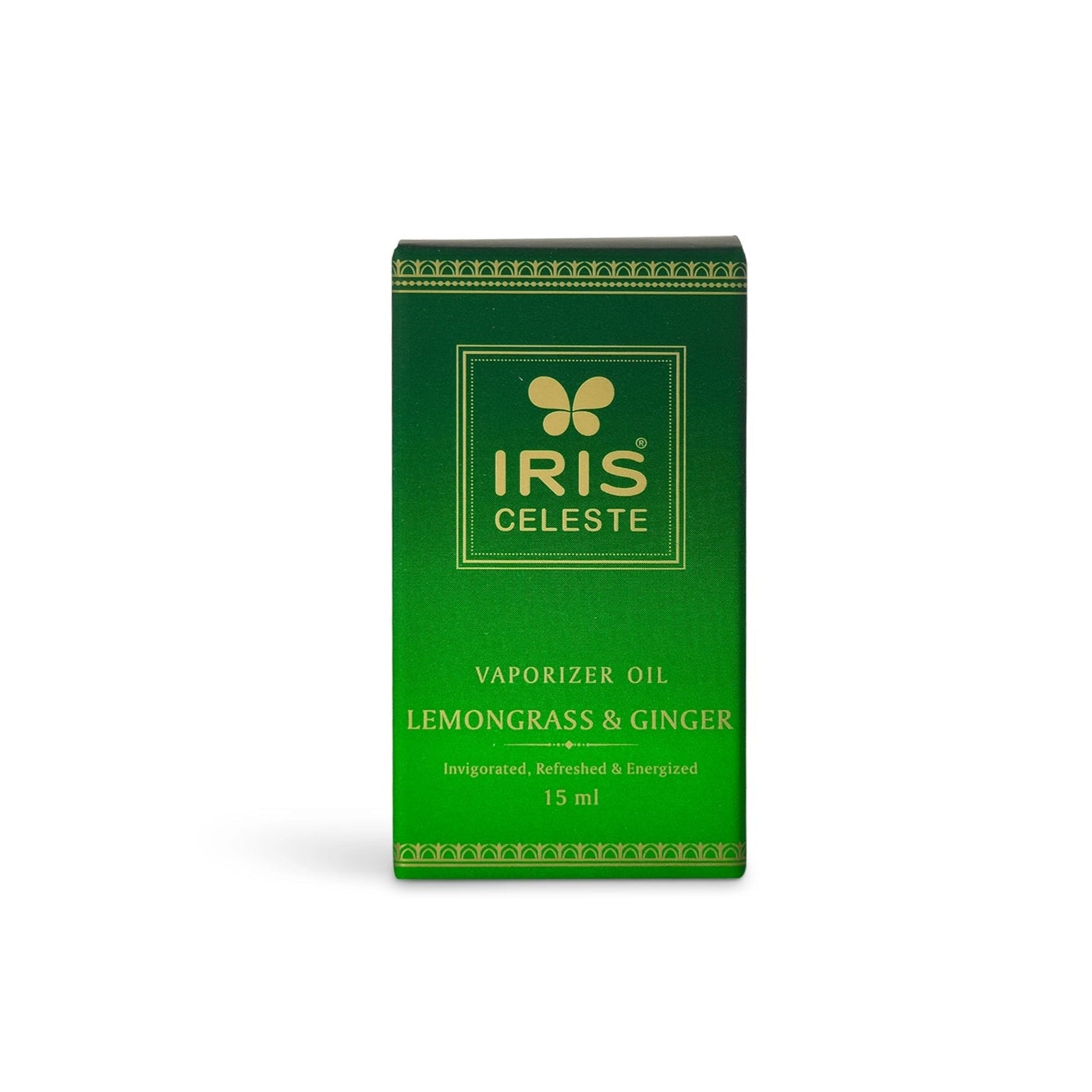 Green box of Iris Celeste vaporizer oil with lemongrass and ginger on a white background