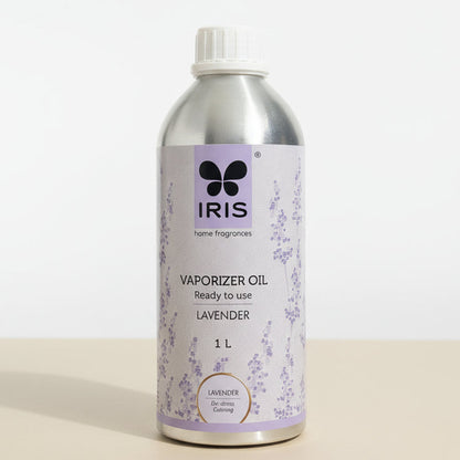 Vaporizer oil bottle with lavender scent on a beige background
