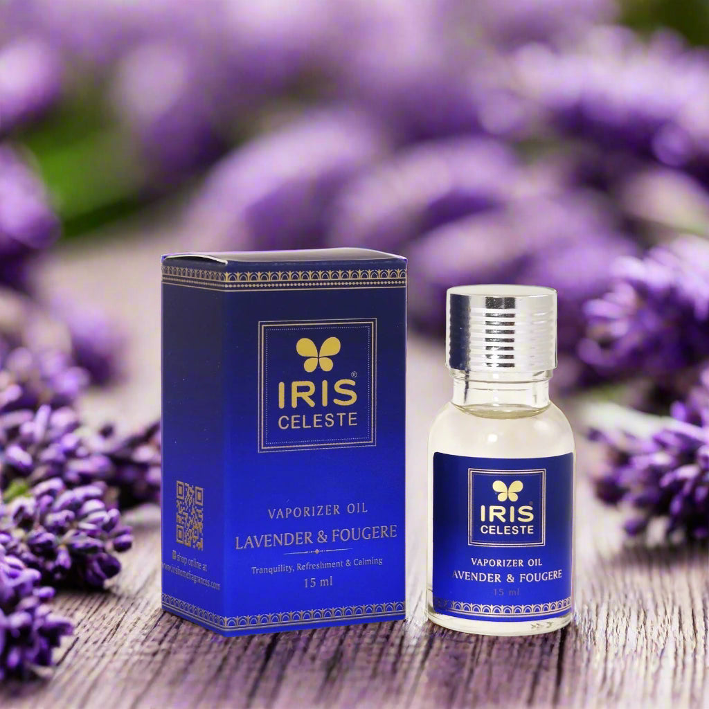 Iris Celeste vaporizer oil bottle and packaging on a white background