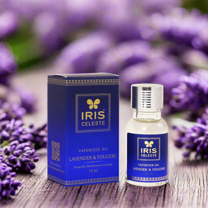 Iris Celeste vaporizer oil bottle and packaging on a white background