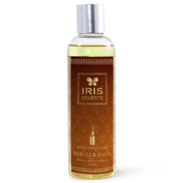 Bottle of Iris Celeste Neroli & Basil perfume on a white background