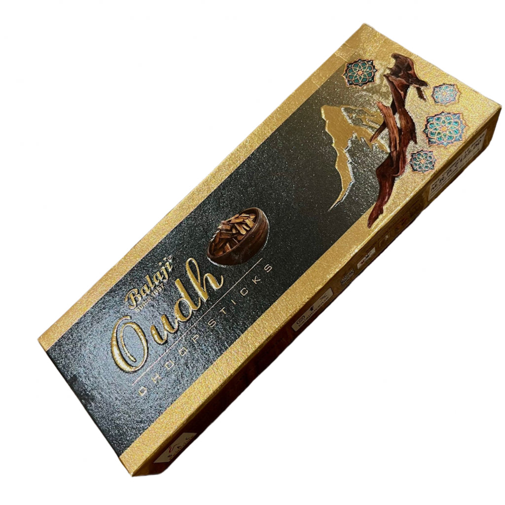 A box of Balaji OUDH Dhoop Sticks with intricate designs and a depiction of an incense stick on the cover.