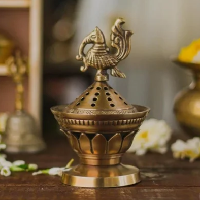 DhuniVeda Brass Burner with Cock on Lid Resin & Cone Burner Dhuni for Pooja & Decor