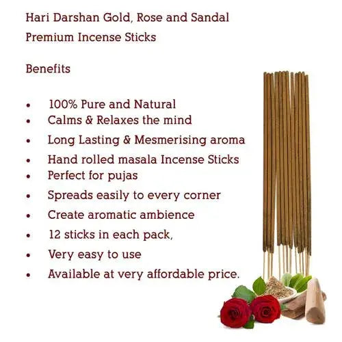 Hari Darshan TEMPLE ROSE Premium Flora Batti Incense Sticks (12 sticks)